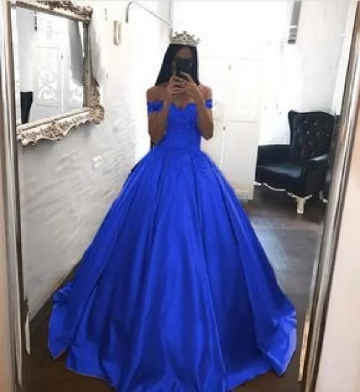 Royal Blue Prom Dresses Satin,Off the Shoulder Appliqued Quinceanera Dresses Sweep Train Tiered unclassified dresses