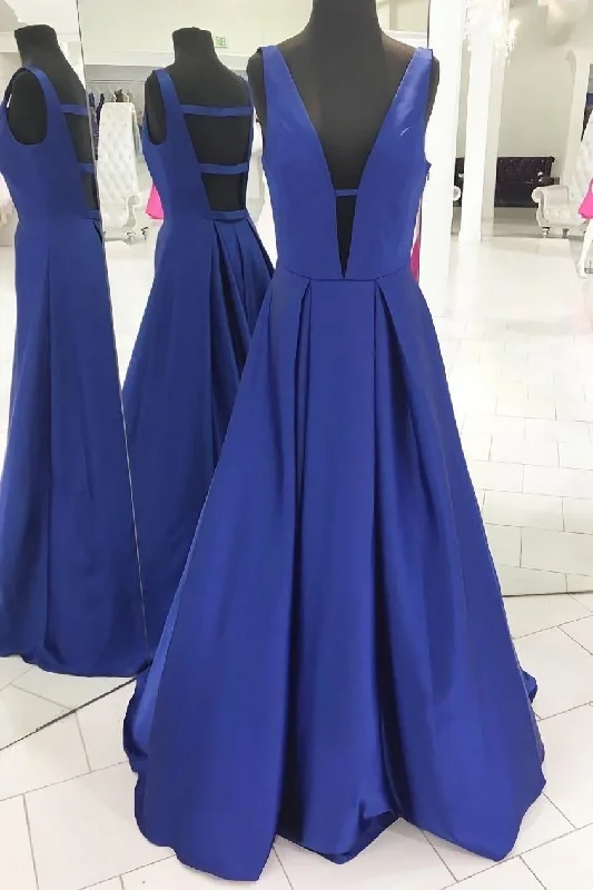 Royal Blue Satin Prom Gowns with Deep V-neckline,Formal Dresses Fall unclassified dresses