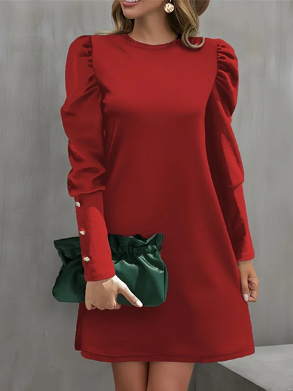 Solid Crew Neck Dress, Elegant Puff Sleeve Button Decor Dress Chiffon unclassified dresses