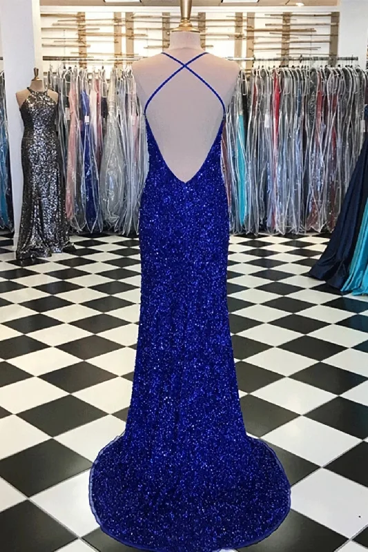 Sparkly Sheath Royal Blue Prom Dresses, Evening Dresses with Slit Lounge unclassified dresses