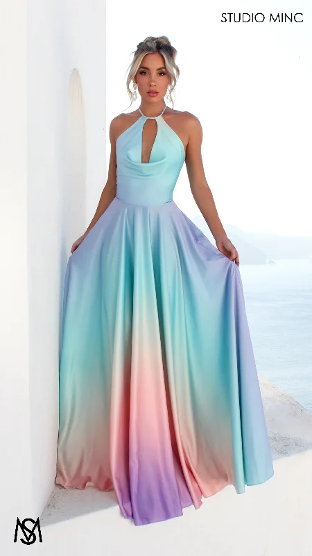 SUNSET BLUE - Blue Multi Colour Formal Dress, Satin High Neck Plunge & Backless Holiday unclassified dresses