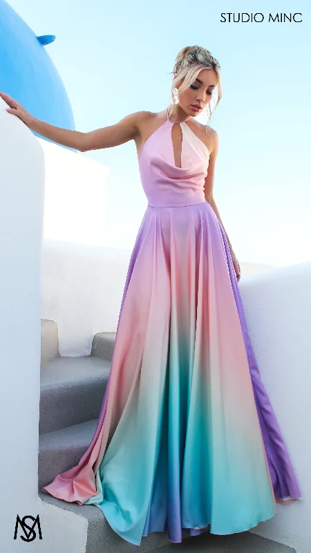 SUNSET PINK - Multi Colour pink Formal Dress, Satin High Neck Plunge & Backless Minimalist unclassified dresses