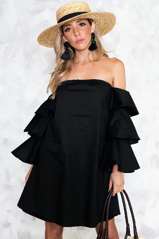 Talk About It Tiered Sleeve Dress - Black Floral unclassified dresses