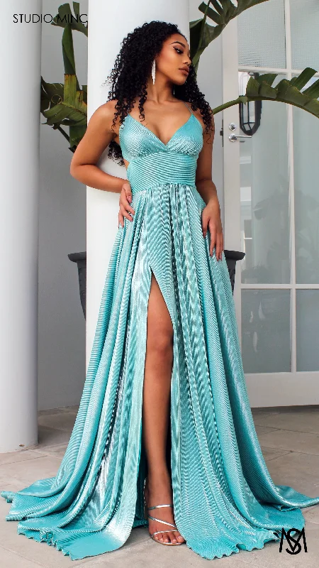 METALLIC COSMO - Teal Green Flowy Formal Dress with Leg Split & Cut Outs Long unclassified dresses