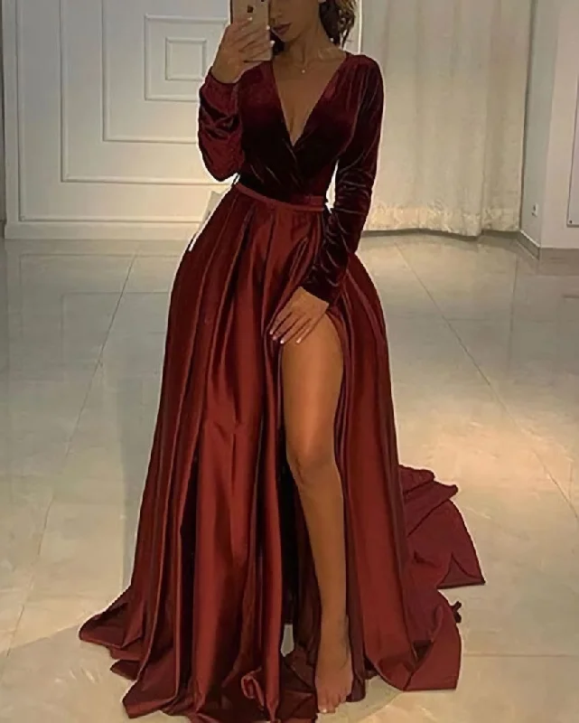 V Neckline Velvet Bodice Burgundy Prom Dress Sexy Leg Slit Dark color unclassified dresses