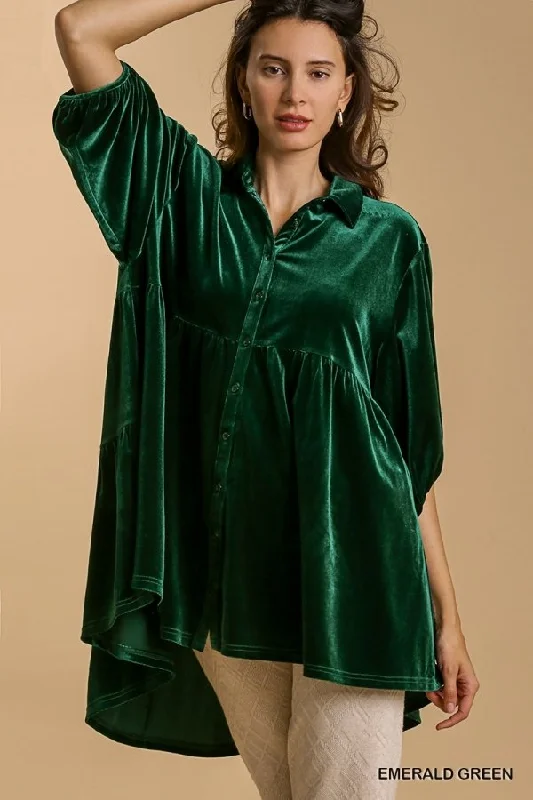 Velvet 3/4 sleeve button down tunic dress with tiered back and high-low hem Lounge unclassified dresses