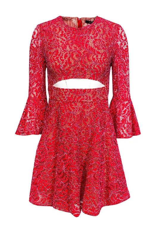 BCBG Max Azria - Red Bell-Sleeve Lace Dress w/ Cutout Sz 0 Ruffled Lace Gown