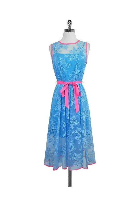 Eva Franco - Blue & Neon Pink Lace Sleeveless Dress Sz 0 Lace Party Gown