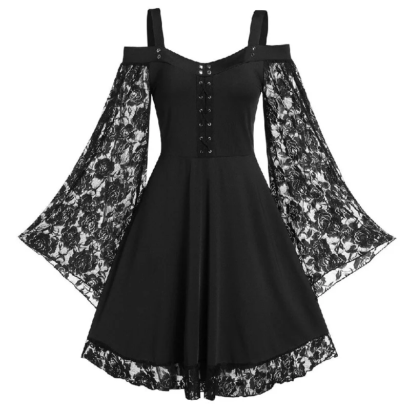 Gothic Women's Lace Patchwork Dresses With Flare Sleeve Off-the-shoulder Lace