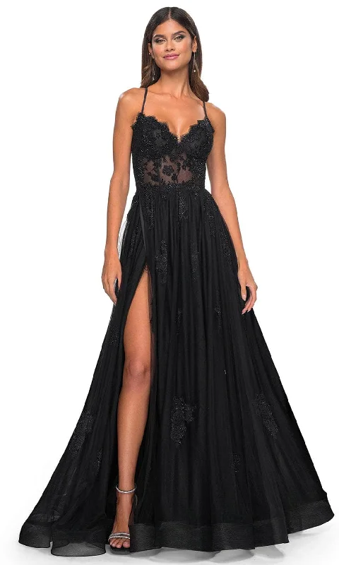 La Femme 32028 - High Slit Lace Prom Dress Chic Lace Dress