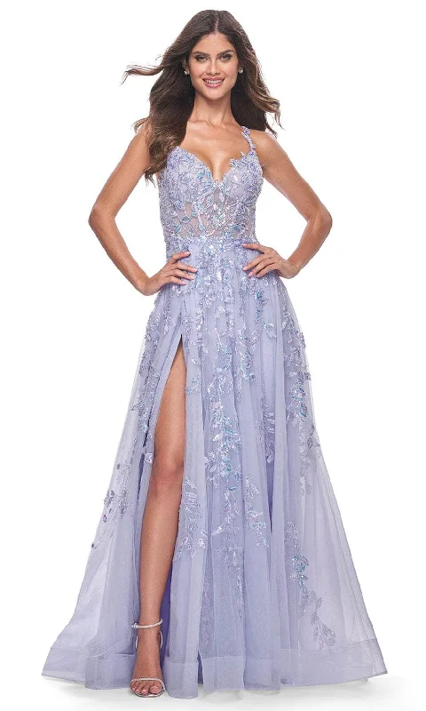 La Femme 32349 - Lace Applique Sleeveless Prom Gown Bohemian Lace Dress