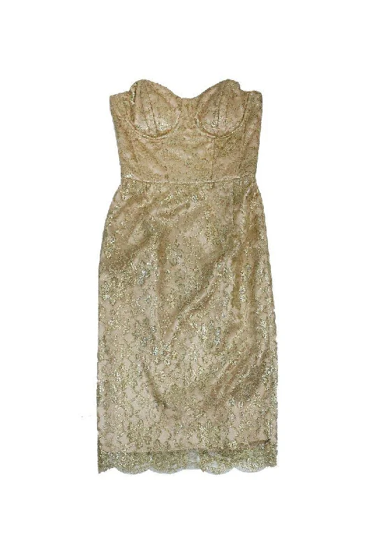 Milly - Gold Metallic Lace Strapless Dress Sz 4 Lace Dress Flare