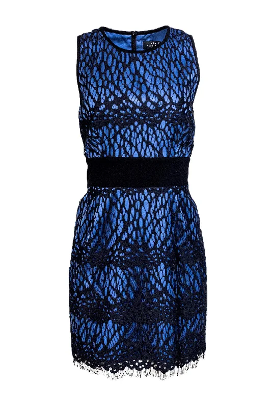 Robert Rodriguez - Blue Sheath Dress w/ Asymmetric Lace Sz 10 Ruffled Lace Dress