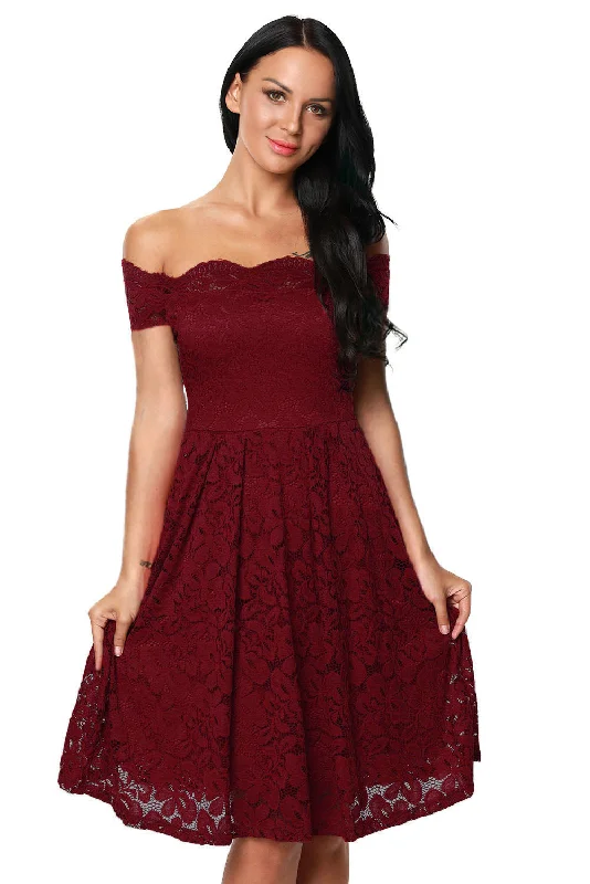 Sexy Wine Scalloped Off Shoulder Flared Lace Dress Lace Maxi Dress