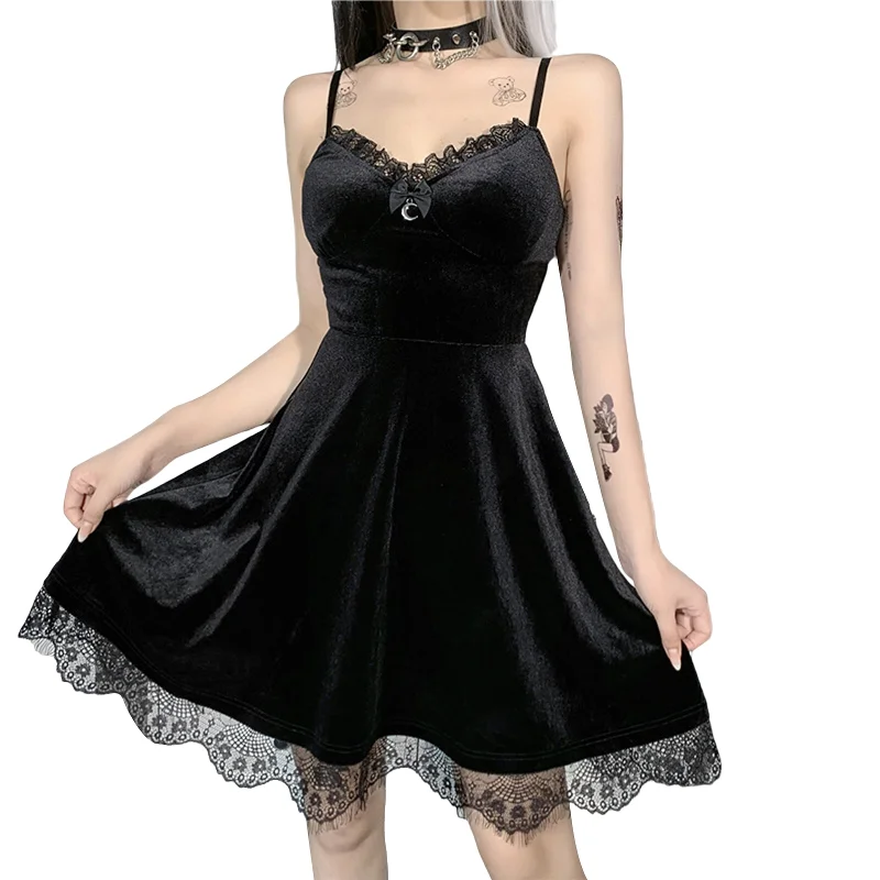 Sexy Women's Black Lace Satin Dress / Gothic Strap A-Line Sundress with Bow Decorated Blue Lace Dress