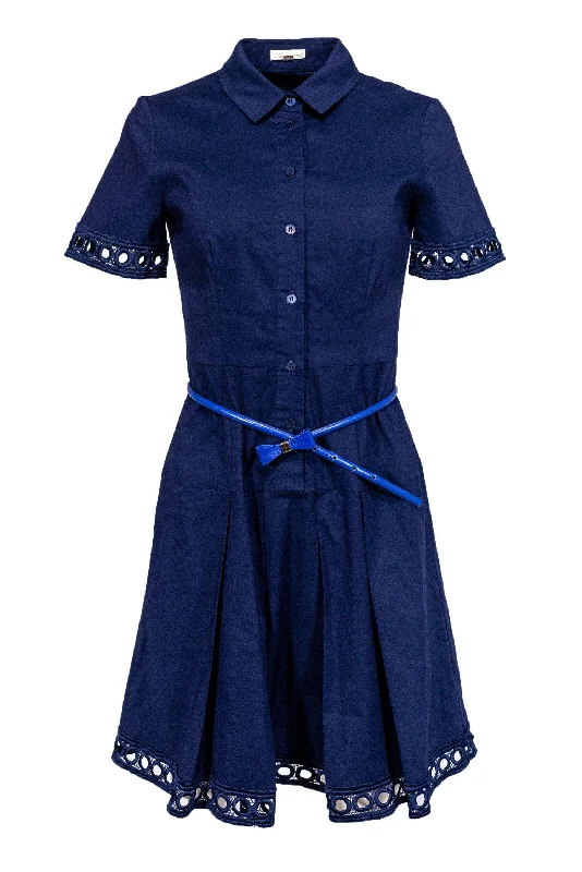 Shoshanna - Navy Collared Drop-Waist Dress w/ Eyelet Lace Sz 2 Lace Dress with Belt