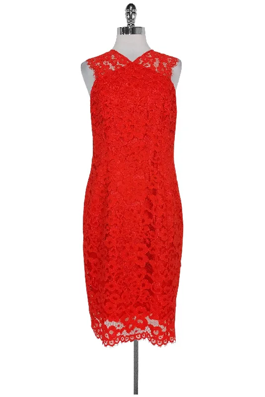 Shoshanna - Red Orange Lace Sheath Dress Sz 6 Lace Dress Glam