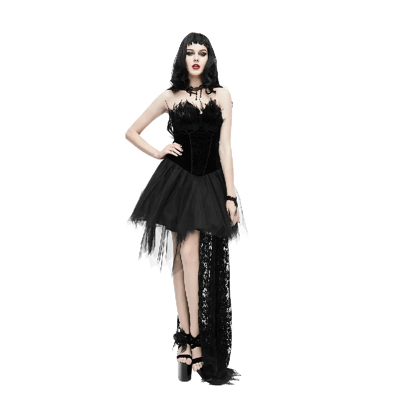 Steampunk Strapless Dress With Lace Train / Gothic Asymmetry Hem Dress with Feathers Lace Dress Glam