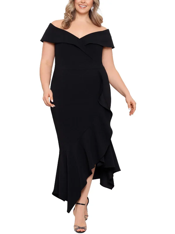 Plus Womens Ruffled Maxi Evening Dress Front Slit Skirt