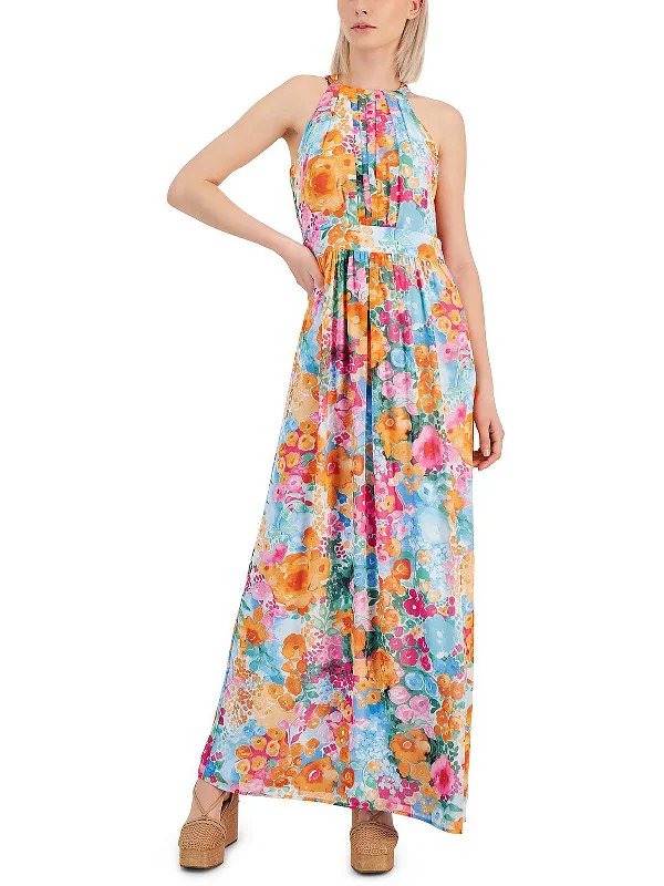 Womens Pleated Floral Print Maxi Dress Maxi Skirt Dress