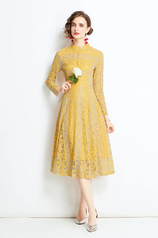 Yellow Evening Buttoned Lace A-line High Neck Long Sleeve Below Knee Dress Maxi Skirt Casual