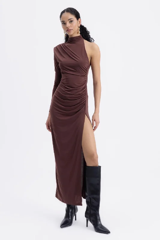 Brown Draped One Shoulder Midi Dress Button Midi Skirt