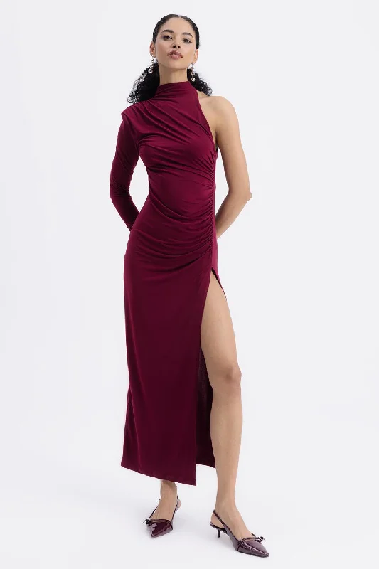 Burgundy Draped One Shoulder Midi Dress Bright Midi Skirt