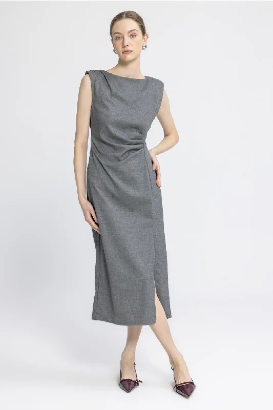 Gray Pleated Waist Midi Dress A-line Midi Skirt