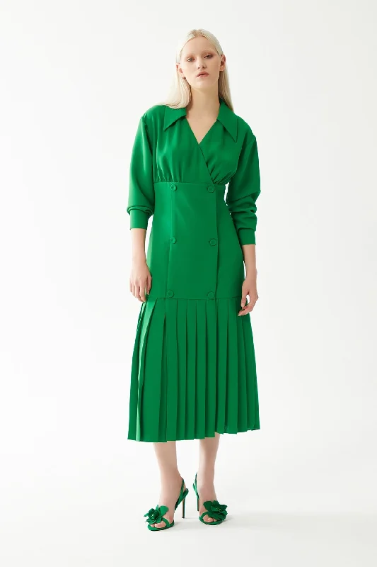 Green Shirt Collar Double-breasted Pleated Midi Length Dress Ruffled Skirt Midi