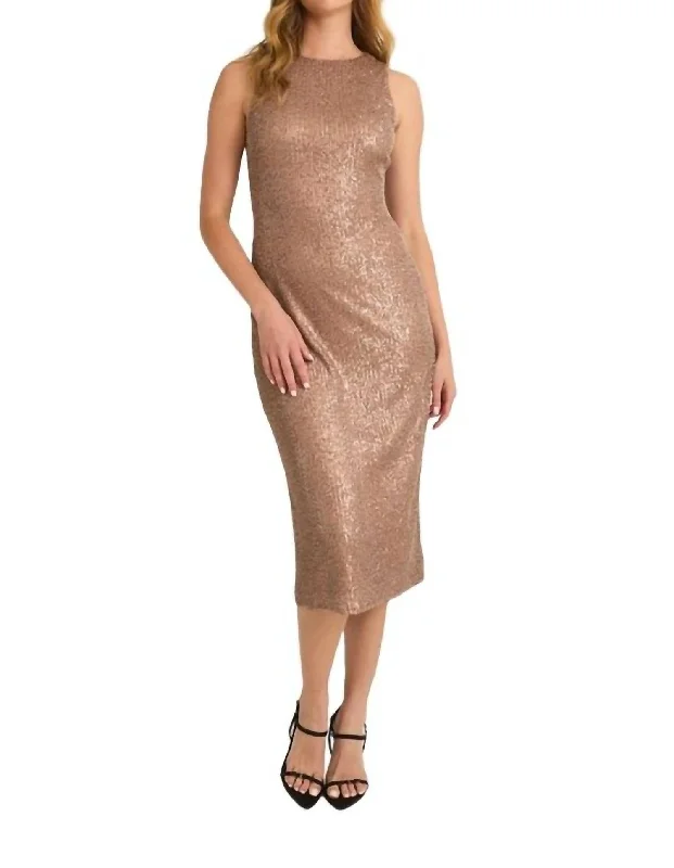 High Neck Sequin Midi Dress In Mocha Midi Skirt Party