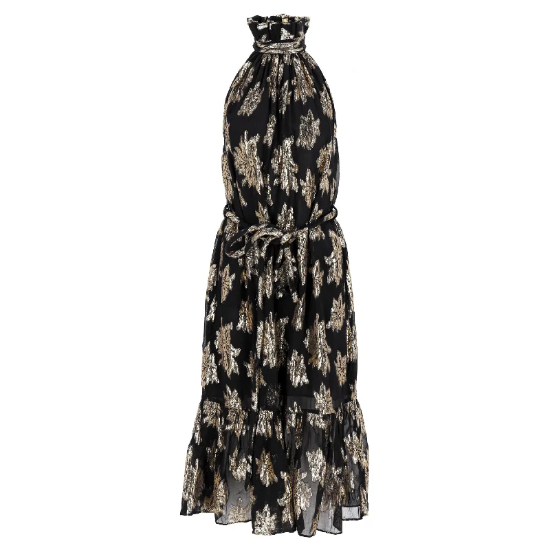 Iro Laza Metallic Fil Coupé Midi High Neck Belted Dress in Black and Gold Viscose Printed Midi Outfit