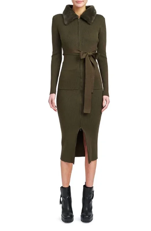 Long Sleeve Belted Midi Dress With Faux Fur Collar In Olive Printed Satin Midi