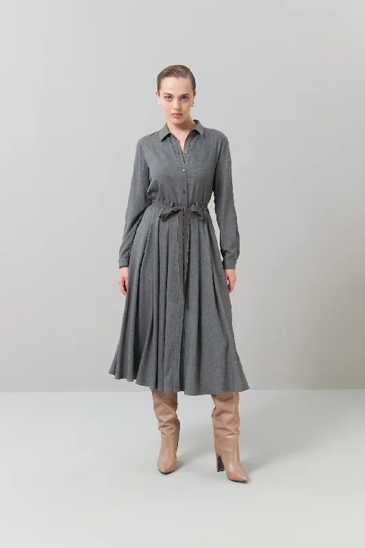 Shirt Collar Buttoned Midi Length Dress Gray Satin Midi Skirt