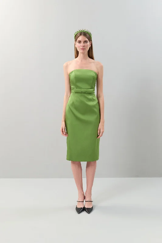 Strapless Satin Midi Length Green Dress Midi Skirt Blouse