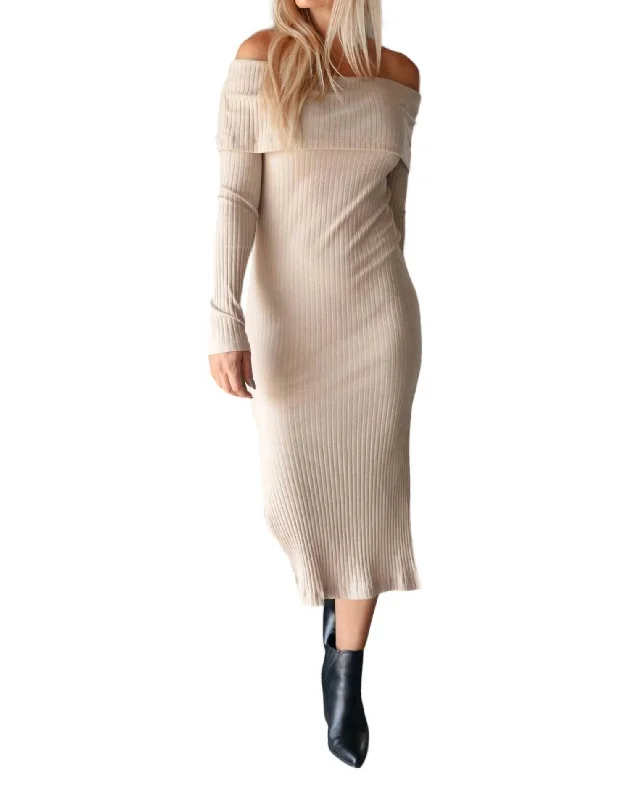 Kiah Sweater Dress In Beige Trendy Knit Sweater