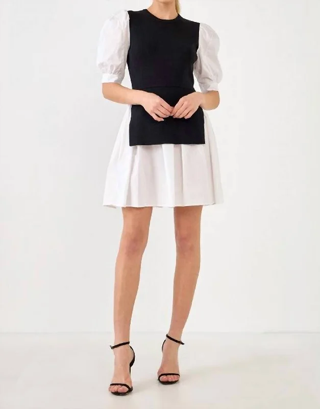 Margot Puff Sleeve Sweater Dress In Black/white Cozy Dress Sweater