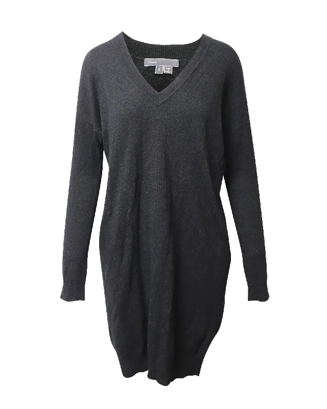 Vince Long-Sleeve V-Neck Sweater Dress w/ Pockets in Dark Grey Wool Loose Knit Sweater