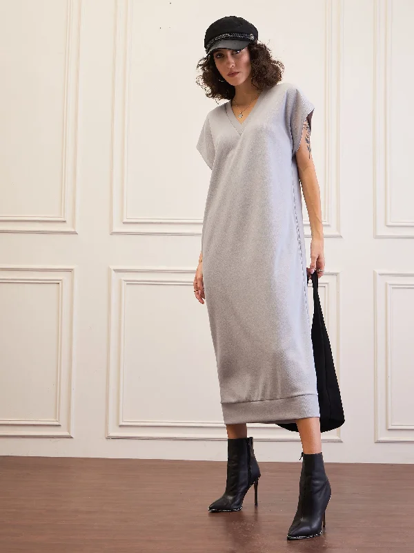 Women Grey V-Neck Sweater Dress Warm Wool Sweater