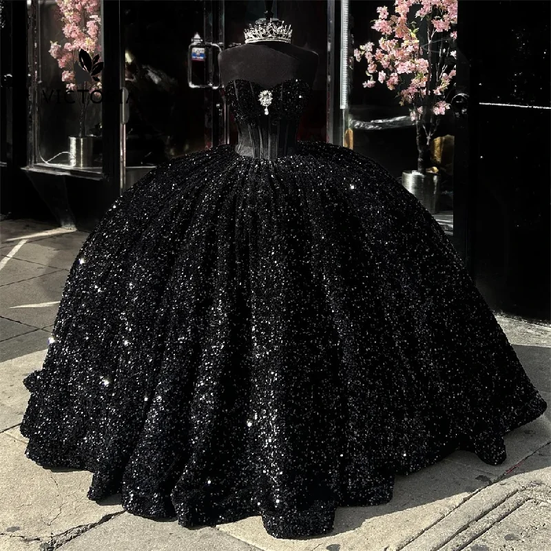 Black Sequin Corset Quinceanera Dress Ball Gown Dress 18th Birthday Silver Rhinestones Debut vestido de charra 15 años Sweet 15 Sleeveless Sequin Dress