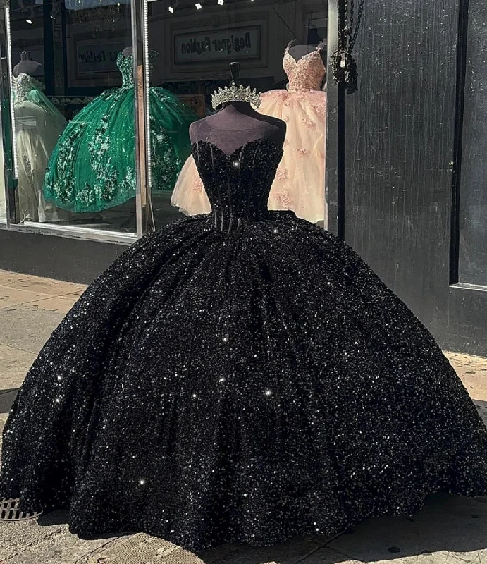 Black Sequin Corset Quinceanera Dresses With Bow Sweetheart Shinning Sweet 16 Dresses Ball Gown Birthday Gowns vestidos de 15 Shiny Sequin Dress