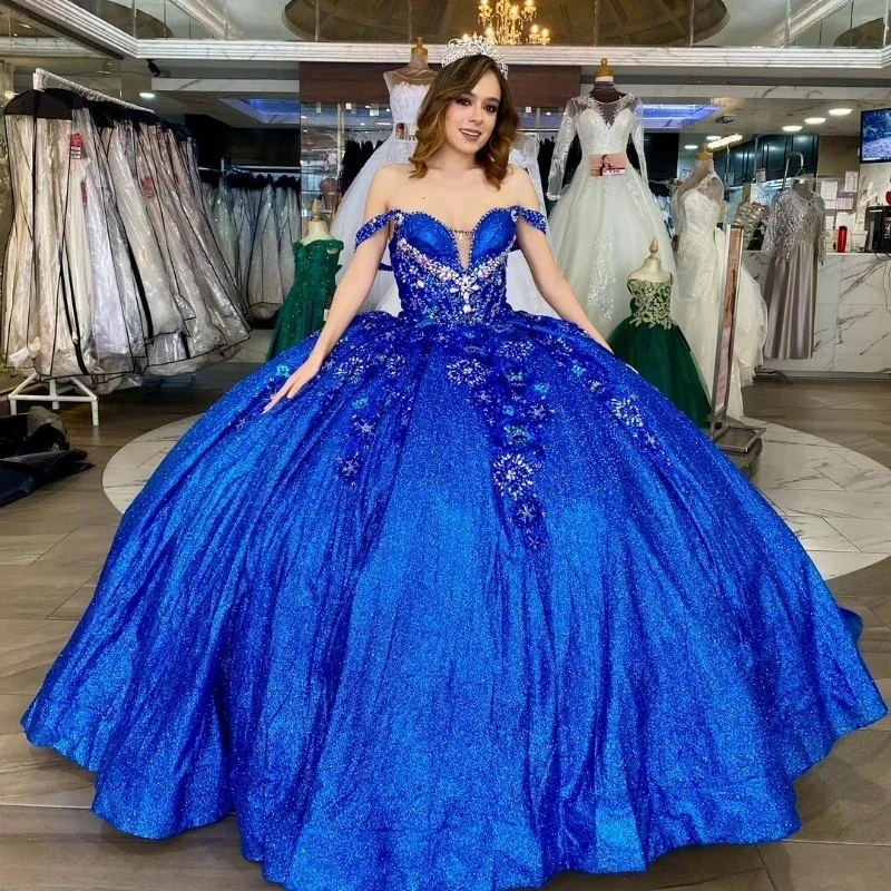 Blue Glitter Crystal Sequined Ball Gown Quinceanera Dresses Off The Shoulder Applique Lace Beading Corset Vestidos De 15 Anos 20 Sequin Cocktail Gown