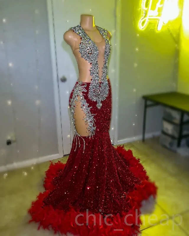 Burgundy African American Prom Dresses Mermaid Sheer Sequins Beaded Crystals Feather Black Girls Nigeria Evening Dresses Gown Beautiful Sequin Dress