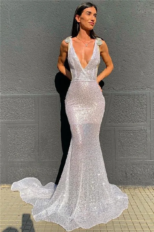 Chic Deep V-Neck Silver Sequins Prom Dress Mermaid Open Back,DS4675 Ruched Sequin Dress