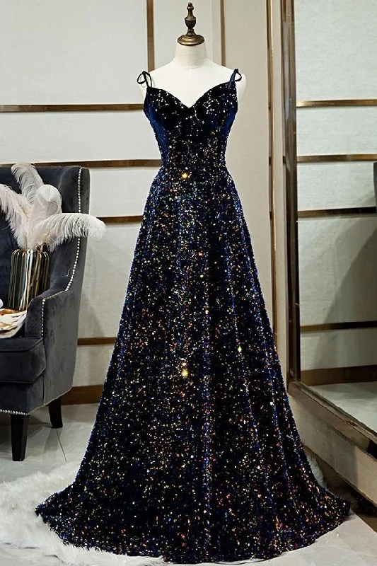 DARK BLUE SEQUIN A LINE SPAGHETTI STRAPS BLING BLING PROM DRESS,DS2947 Flared Sequin Dress