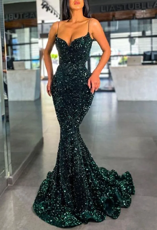 Dark Green Sequins Prom Dress Mermaid Evening Gowns With Spaghetti-Straps,DS4222 Glam Sequin Dress