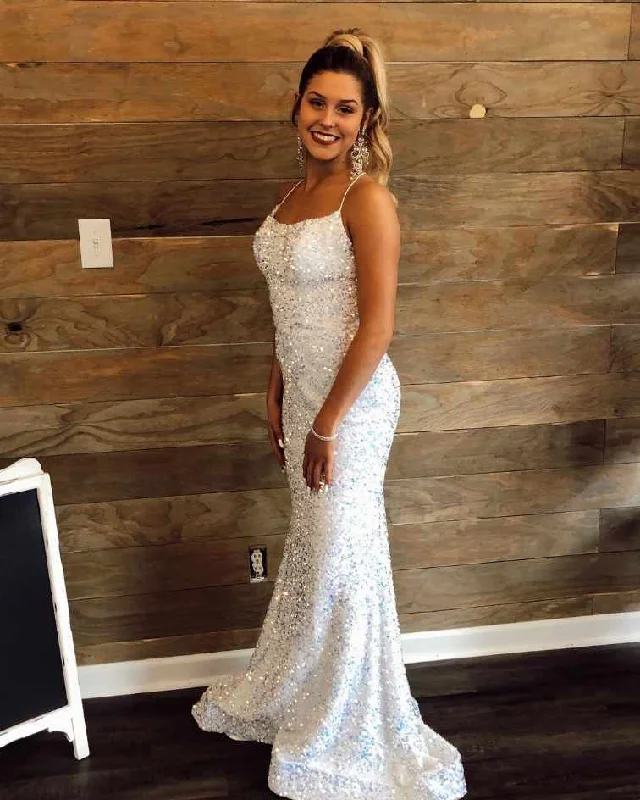 Elegant Straps Sequins White Long Prom Dress,DS4447 Sequin Dress Casual