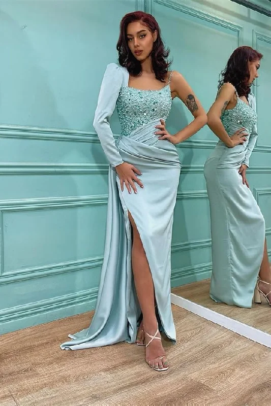 Fabulous Long Sleeves Sequins Prom Dress Mermaid Slit On Sale,DS4677 Formal Sequin Dress