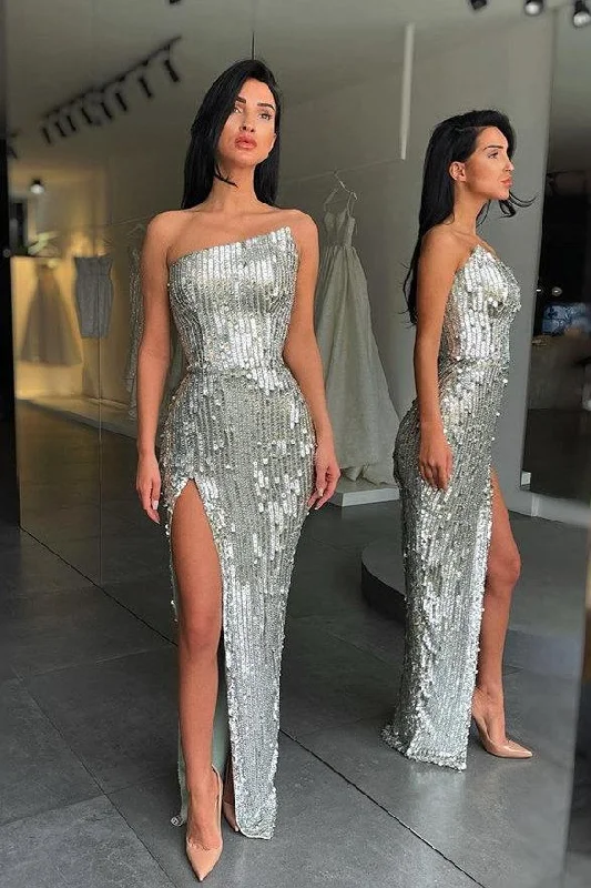 FASHION SILVER SEQUIN ASYMMETRIC NECKLINE HIGH SPLIT PROM DRESS,DS3512 Vintage Sequin Dress