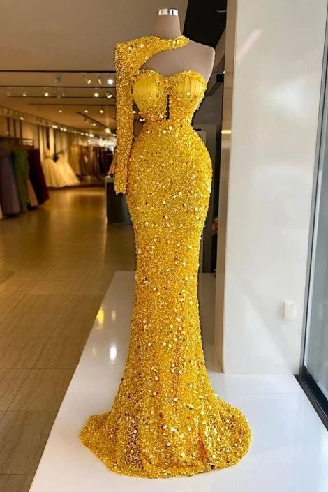 Glamorous One Shoulder Long Sleeves Mermaid Prom Dress With Sequins Beads,DS4638 Sequin Dress Outfit