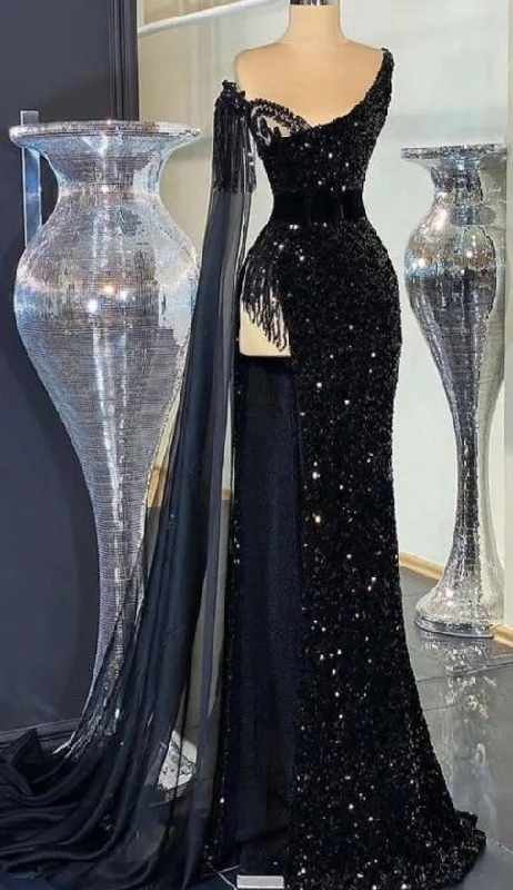 Gorgeous Black Sequins Evening Dress Beaded Tassel Slit Long Prom Dress Y7650 Long Sleeve Sequin